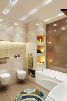Geniş bej ve kahverengi banyo