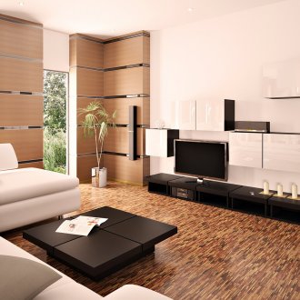 Oturma odasında siyah modüler TV standı