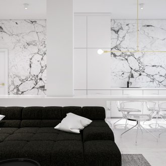 Pareti minimaliste in marmo nel soggiorno