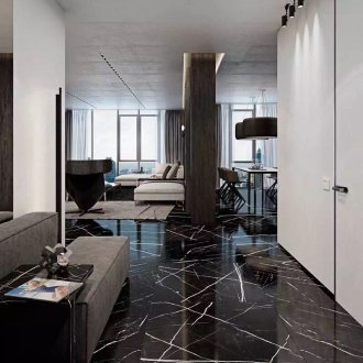 Pavimento in marmo nero con venature bianche nella hall d'ingresso