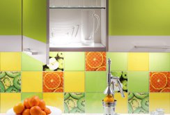 Orange tile accents in the kitchen