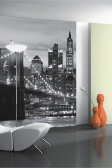 Gece şehir görüntüsü ile oturma odasında 3d duvar kağıdı ile panel