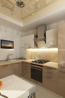 Techo elástico de dos niveles de color blanco brillante cremoso en la cocina