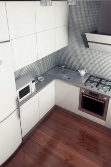 Küçük bir mutfakta kahverengi laminat