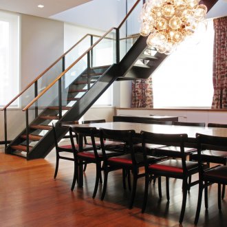 Metal staircase with wooden elements.