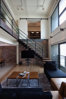Metal black staircase with wooden steps