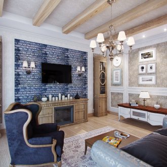 Provence style living room with brick wall