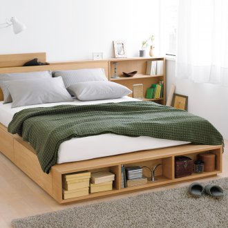 Wooden bed with shelf