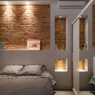 Bed with drywall shelf