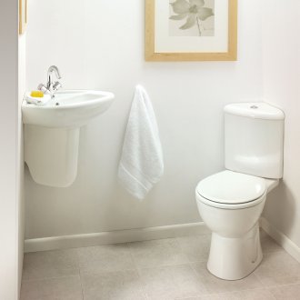 The toilet is compact angular