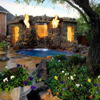 Landscaping garden with a waterfall