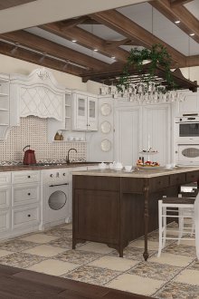 Tile and beige wallpaper in the kitchen in the style of Provence