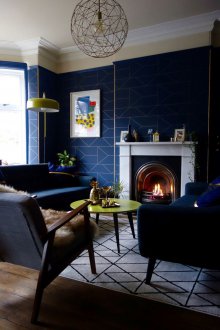 Dark interior with geometric decor.