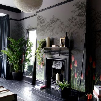 Dark interior with fireplace