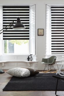 Rolled black day-night curtains in a Scandinavian style living room