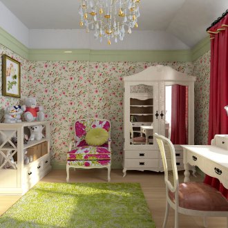 Quarto infantil em estilo provençal com papel de parede