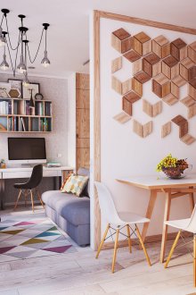 Bedroom in a studio apartment with a plasterboard partition
