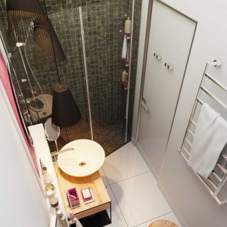 Duşlu küçük bir banyo için tasarım fikirleri