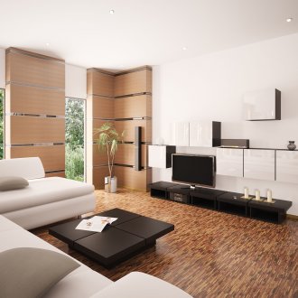 Fernseher im geräumigen und hellen beige und braunen Wohnzimmer