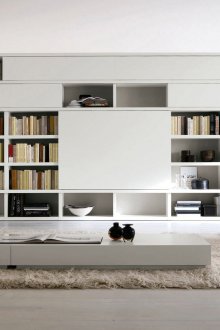 Wall-mounted shelving in the living room
