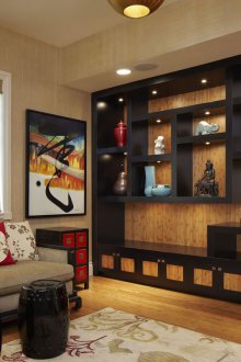 Oriental style living room shelving