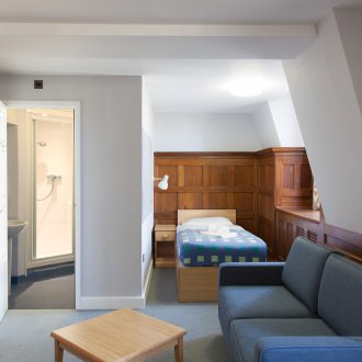 Nicho na sala com painéis de madeira