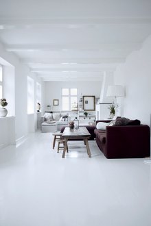 White interior with brown sofa