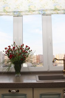 Mutfakta pencerenin yanında kahverengi lavabo