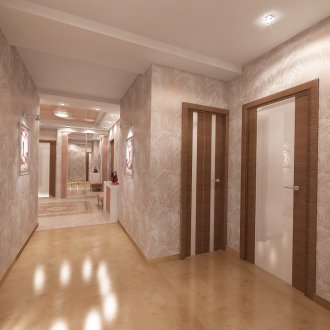 Koridorda kahverengi kapılar ve bej laminat