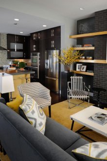 Living room kitchen design with bright accents