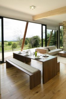 Living room kitchen design with bio fireplace