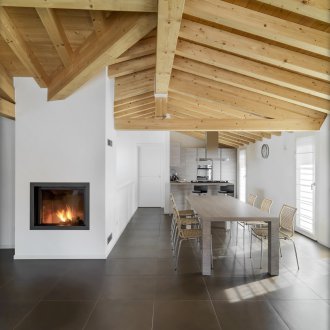 Living room kitchen design with wood ceiling