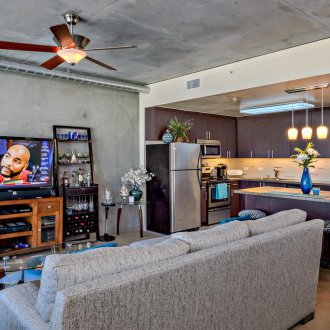 Design a living room kitchen for a bachelor