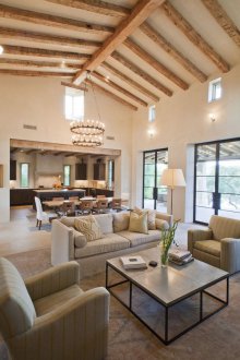 High-ceilinged living room kitchen design