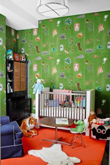 Decor kids room with green wallpaper