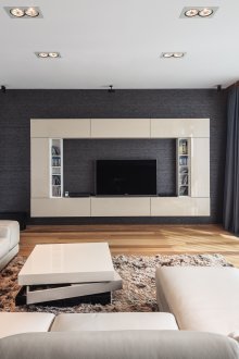 One bedroom apartment with a living room in the style of minimalism