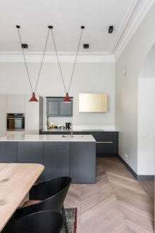 One bedroom apartment with a kitchen in the style of minimalism