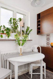 One bedroom apartment with a small kitchen in the style of minimalism