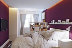 Υπνοδωμάτιο με μοβ και λευκούς τοίχους