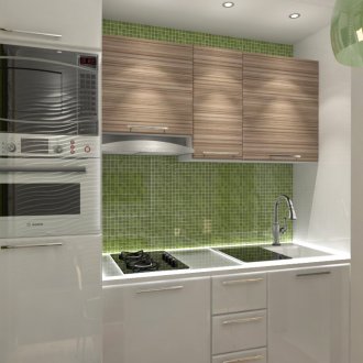 Dapur kecil dengan apron mozek hijau dalam gaya eko