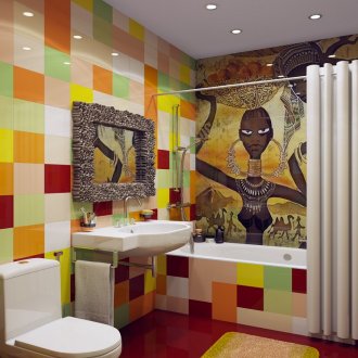 Afrika desenli parlak döşenmiş banyo