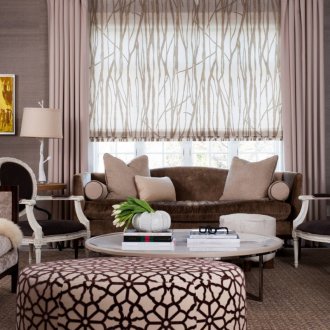 Brown and white roman curtains in the living room