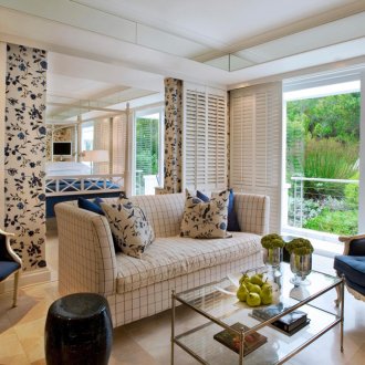 White and Blue Colonial-Style Small Living Room