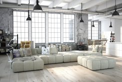 Interiér bielej a šedej priemyselnej obývacej izby